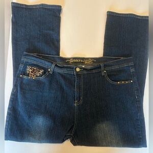 No Fuze‎ Bootcut Jeans Plus Size 22 Womens Medium Wash Blue Leopard Print Bling